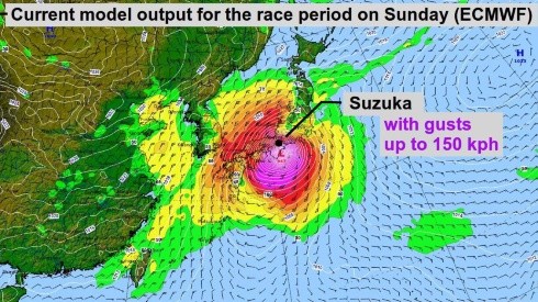 La imagen muestra el peor escenario del tifón sobre el autódromo de Suzuka