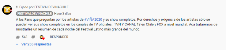 El mensaje del canal de Youtube del canal histórico del Festival de Viña del Mar.