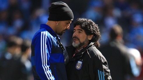 Verón y Maradona en el Mundial Sudáfrica 2010