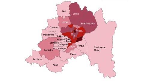 El mapa de casos de coronavirus en la Región Metropolitana.