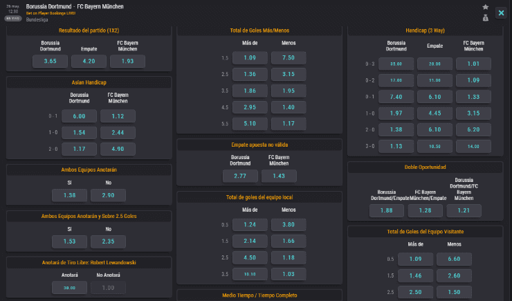 Estas son las cuotas para que te la juegues en este partido de la Bundesliga, protagonizado por el Borussia Dortmund y Bayern Múnich.