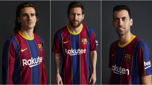 Griezmann, Messi y Busquets aparecen retratados en la presentación de la nueva camiseta del Barcelona