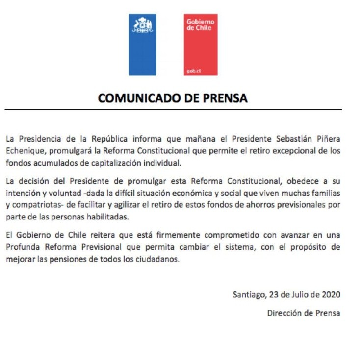 Desde La Moneda informaron que el presidente Sebastián Piñera promulgará este viernes la reforma constitucional para el retiro excepcional de los ahorros previsionales. Además, el Ejecutivo reitera que se compromete a avanzar en una profunda reforma al sistema de pensiones.