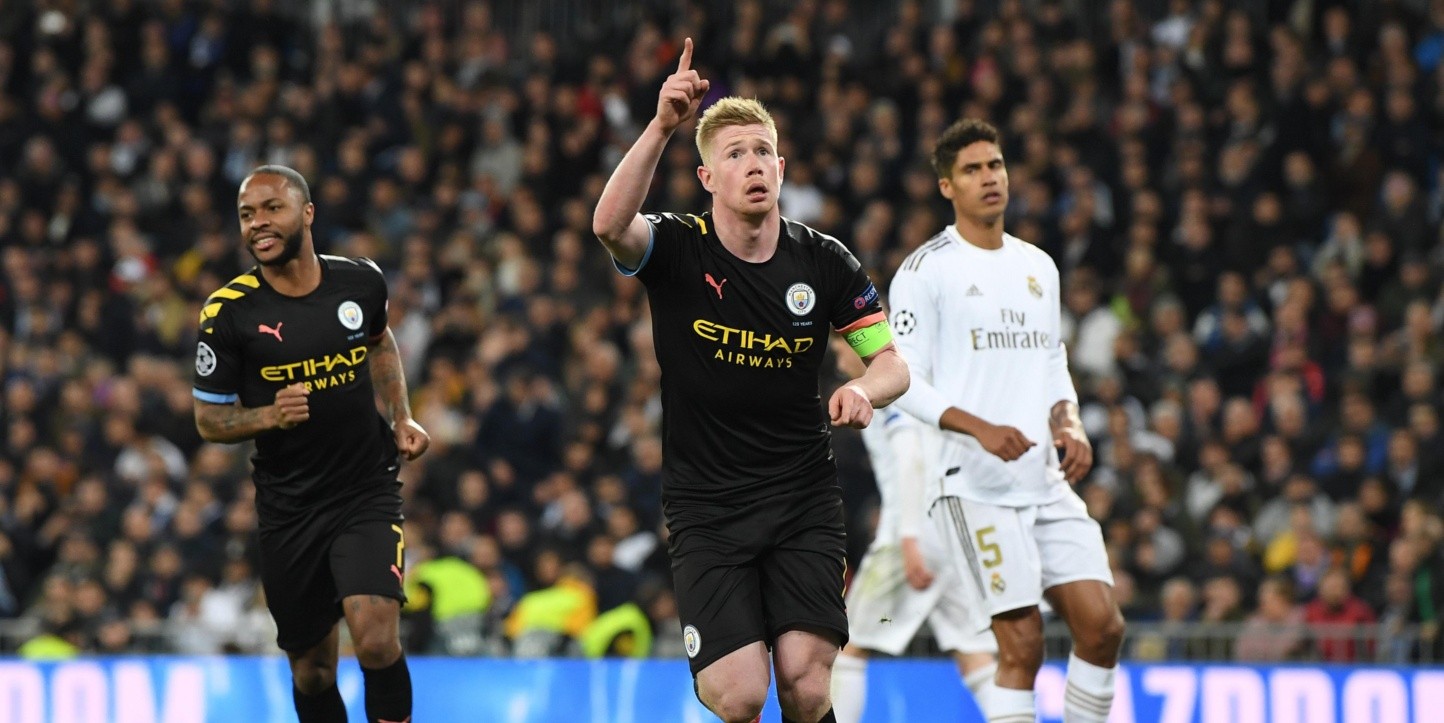  Kevin De Bruyne celebrates scoring a goal for Manchester City against Real Madrid during their 2019/20 UEFA Champions League quarterfinal match at the Santiago Bernabeu Stadium in Madrid, Spain.