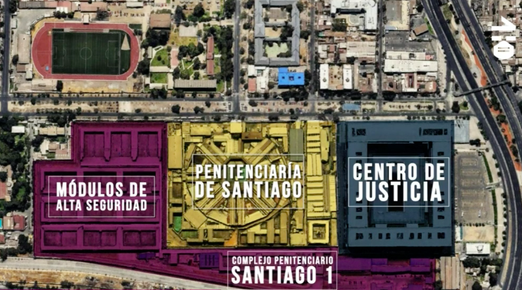 Mapa de la ubicación de la cárcel Santiago 1, a un costado del Centro de Justicia. (Foto: CHV)