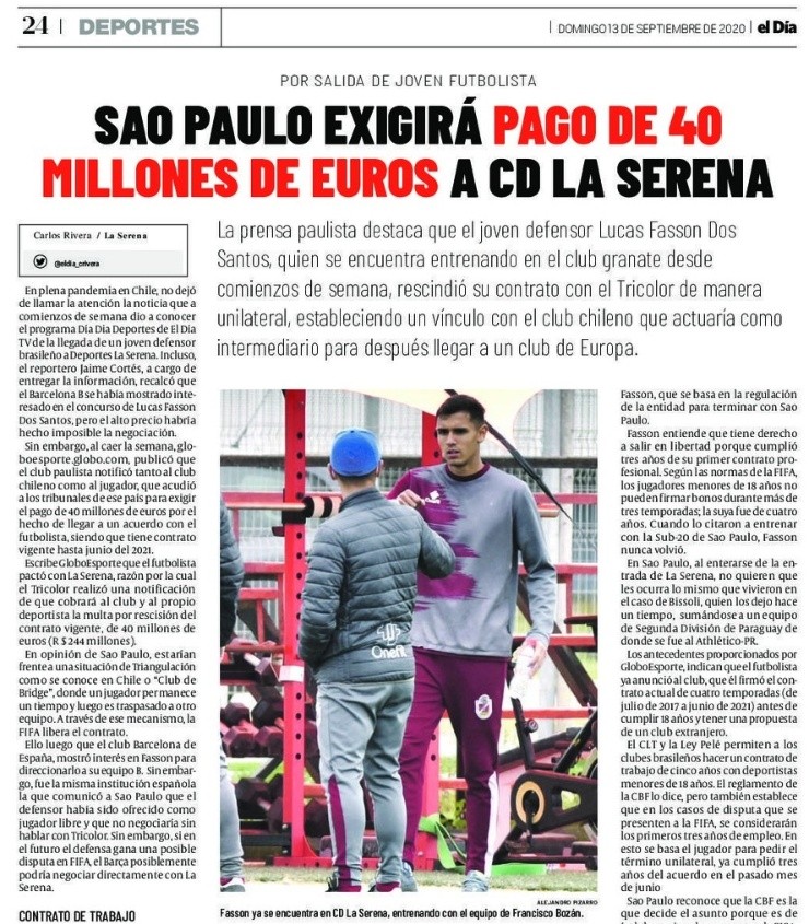 El diario El Día adelanta la posibilidad de que Lucas Fasson debute oficialmente por La Serena este jueves ante Huachipato
