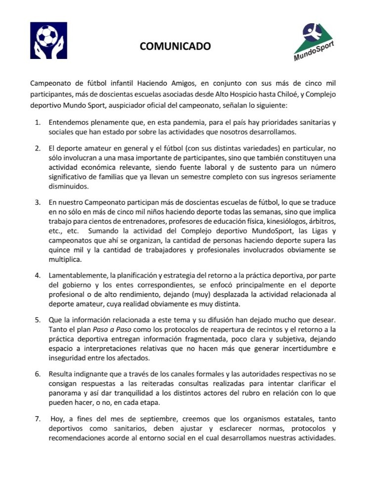 Primera parte del comunicado donde explican el universo que involucra el desarrollo del fútbol amateur y de escuelas deportivas en Chile en medio del regreso paulatino de las actividades. Al mismo tiempo, donde piden ser considerados en estas nuevas normativas. | Foto: Haciendo Amigos.