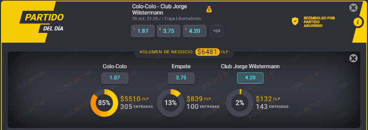 Estas son las cuotas para que te la juegues por Colo Colo o por Jorge Wilstermann en el cierre de la fase de grupos de la Copa Libertadores en el Estadio Monumental. Además, recuerda que el encuentro es el “partido del día” para el OSO. | Foto: Coolbet.