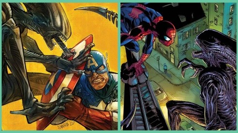 Dos de las portadas de Marvel vs. Alien, con Capitán América y Spider-Man.