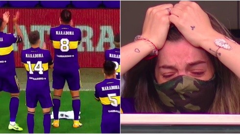Dalma llora en el palco de Diego Maradona mientras los jugadores de Boca le rinden respeto tras el golazo de Cardona.