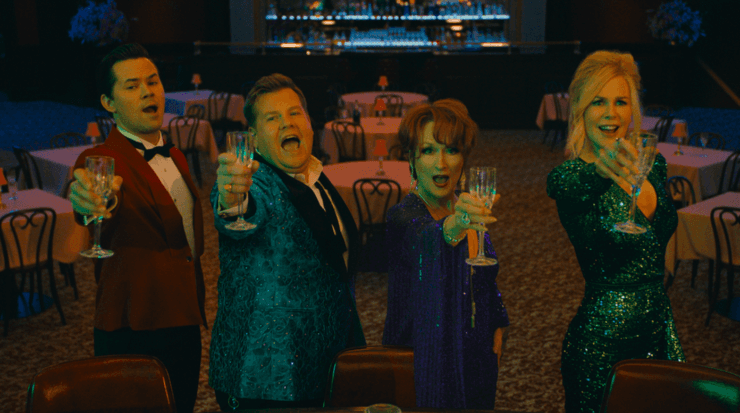 Andrew Rannells, James Corden, Meryl Streep y Nicole Kidman, en “El Baile”.