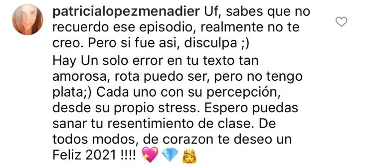 La respuesta de Patricia López al ataque que recibió en los comentarios de Instagram.