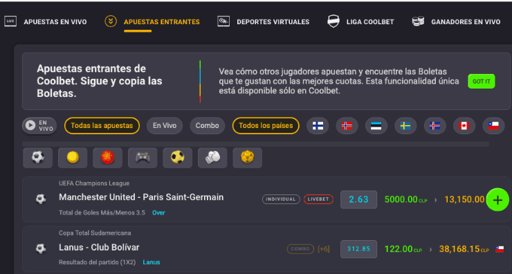 Así puedes jugar con esta nueva opción, conocer lo que otros jugadores están apostando en cualquier lugar del mundo, copiarlas y también hacerlas tuyas. | Foto: Coolbet.