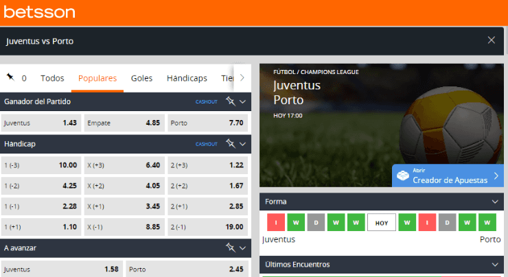 Estas son las cuotas para que te la juegues por Juventus o Porto en la UEFA Champions League. | Foto: Betsson.