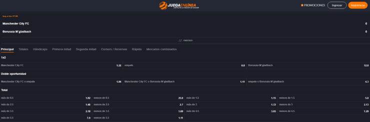 Las cuotas para que te la juegues por Manchester City y BorussiaMonchengladbach en la Champions League. | Foto: Juegaenlinea.