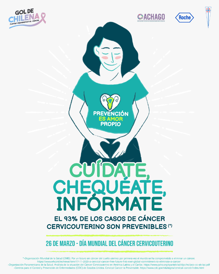 “Prevención es amor propio” es parte de la campaña “Gol de Chilena” que impulsa Universidad Católica junto ala Asociación Chilena de Agrupaciones Oncológicas (ACHAGO) yLaboratorios Roche. | Foto: Roche.