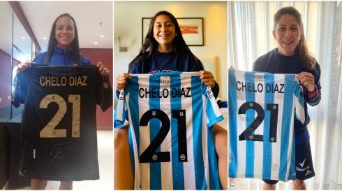 Bárbara Sánchez, Ana Gutiérrez y La Jefa Carla Guerrero con la camiseta de Marcelo Díaz.
