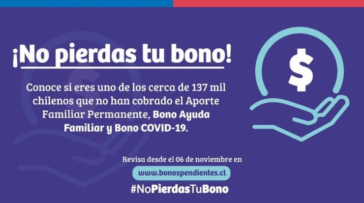 El bono debe ser reclamado hasta 12 meses después de su pago. Foto: Gobierno de Chile.