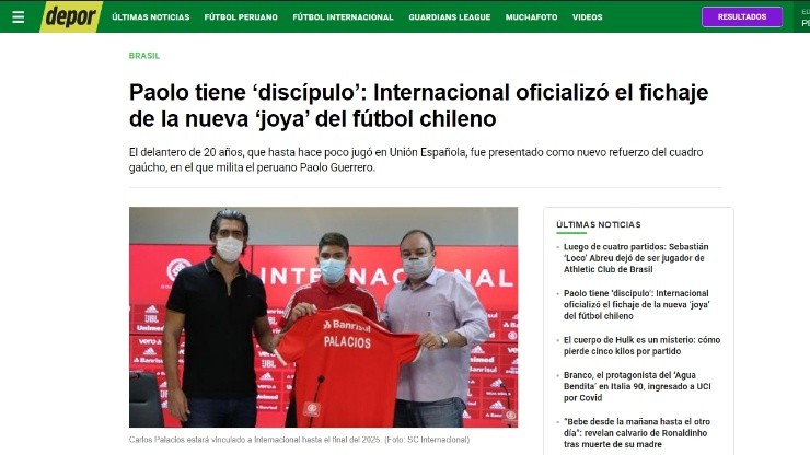 Paolo Guerrero estuvo en todas las informaciones de la prensa peruana sobre Carlos Palacios y el Inter de Porto Alegre
