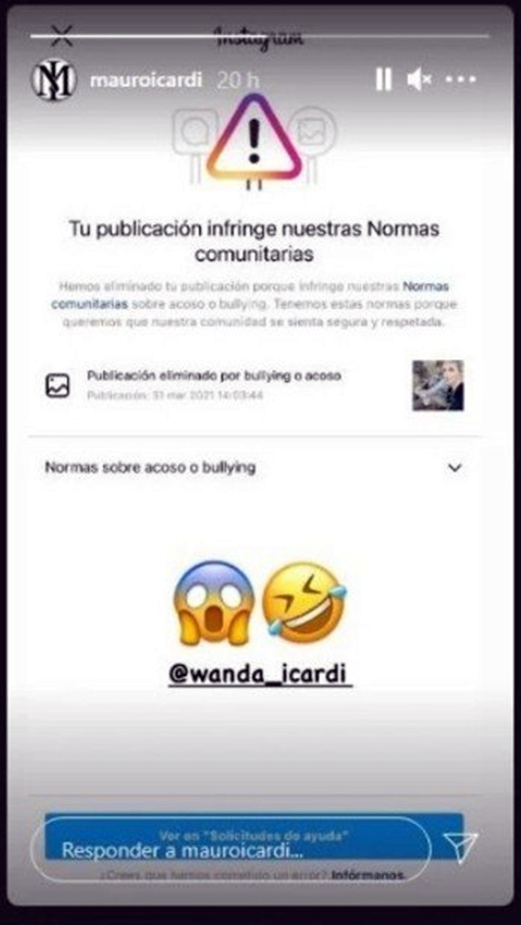 Wanda Nara compartió en sus historias la notificación que le envió Instagram a Mauro Icardi