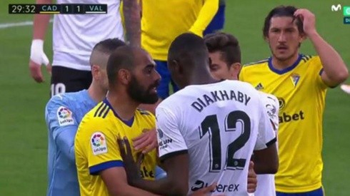 Diakhaby durante el incidente en el partido entre Valencia y Cádiz