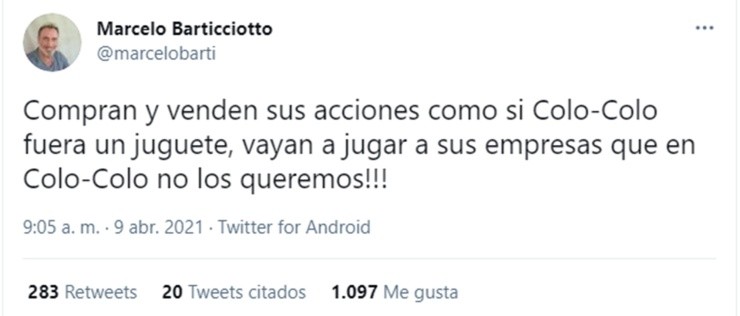 Marcelo Barticciotto critica a Blanco y Negro en Twitter