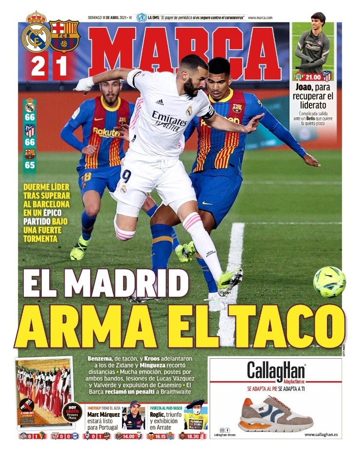 La imagen de Benzemá al impactar con el taco el balón para el gol madridista es portada en diario Marca