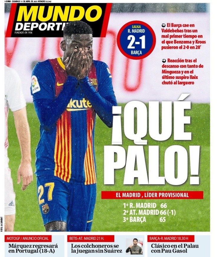 Mundo Deportivo reconoce el &quot;mal primer tiempo&quot; del Barcelona y que hubo &quot;reacción tras el descanso&quot;, con imagen de Ilaix tras el golpe al travesaño en el epílogo