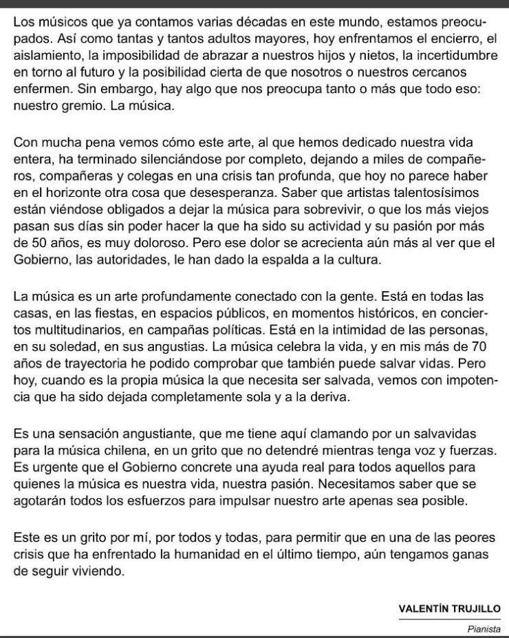 Carta de Valentín Trujillo en El Mercurio.