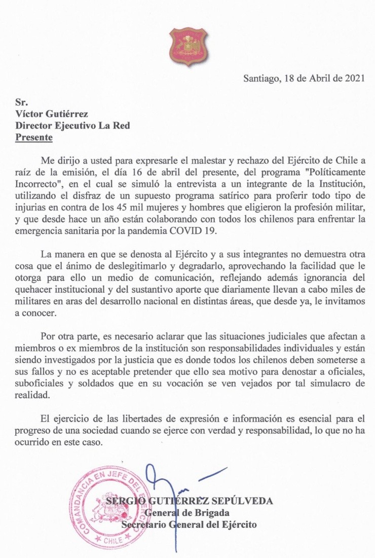 Carta del Ejercito de Chile