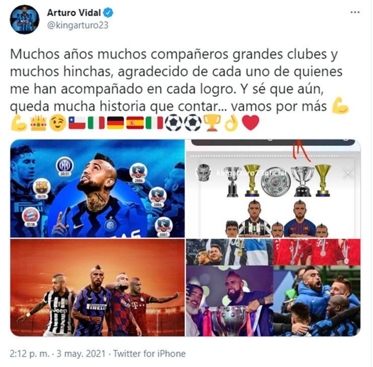 Arturo Vidal conmemoró su histórica marca: nueve ligas ganadas en diez años. Foto: Twitter