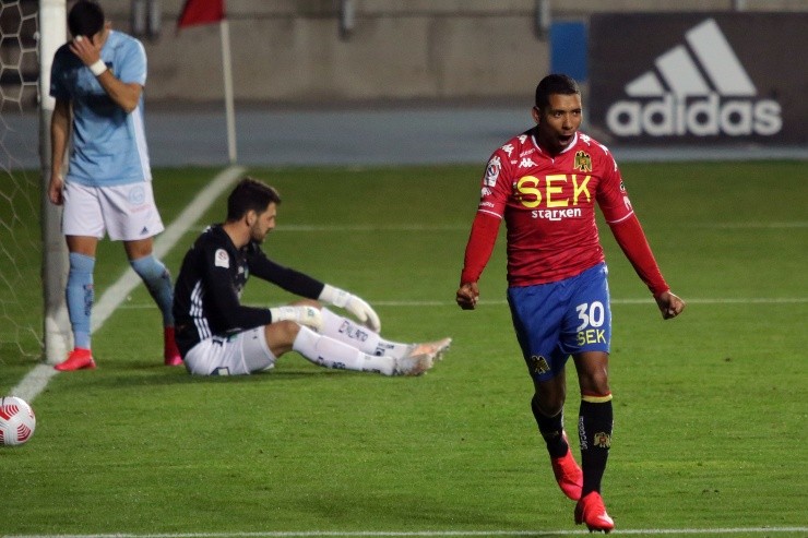 Cristian Palacios anotó por partida doble en el triunfo de Unión Española ante O’higgins en Rancagua. Ahora, va por ser el jugador de la fecha junto a Juegaenlinea. | Foto: Agencia Uno.