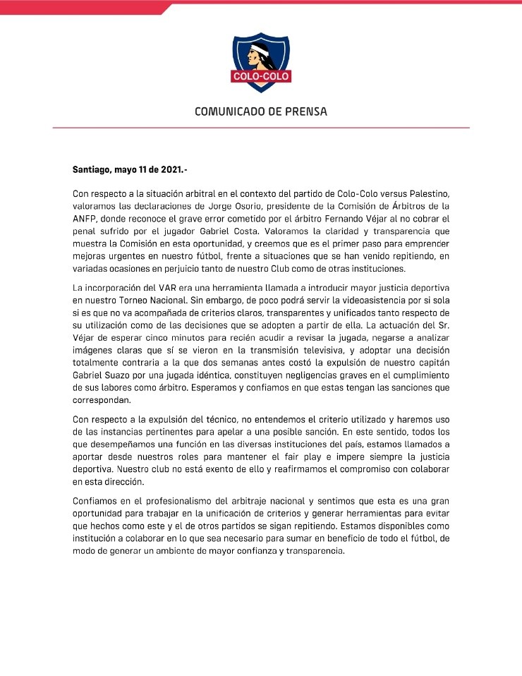 El comunicado de Colo Colo contra Fernando Véjar