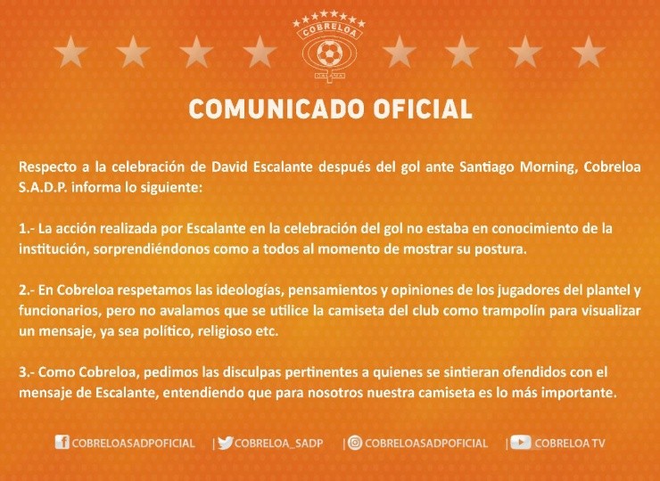 Comunicado de Cobreloa respecto a Escalante e Israel