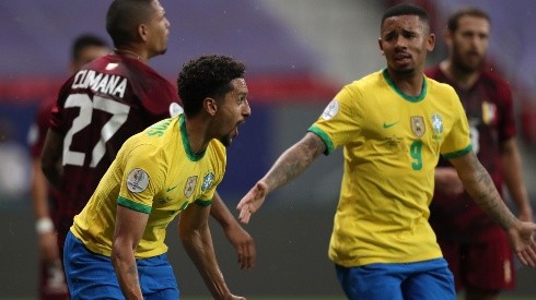 Marquinhos y Brasil festejan el 1-0 contra Venezuela en Copa América.