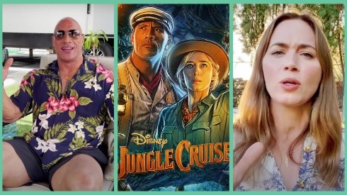 Dwayne Johnson y Emily Blunt presentando al público los nuevos adelantos de Jungle Cruise.