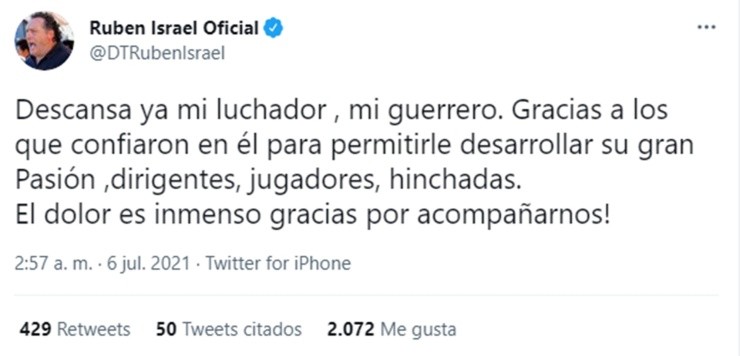 El Twitter que comunicó la muerte de Rubén Israel