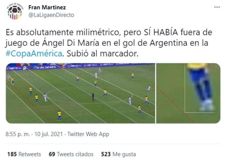 Offside o posición de adelanto de Ángel di María en la final de la Copa América