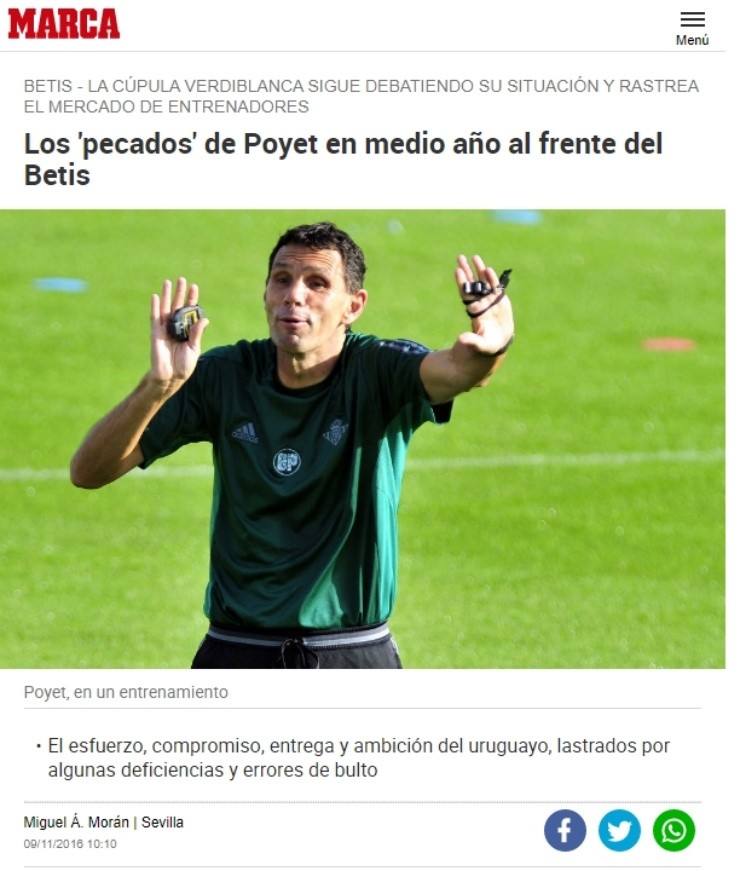 La nota de diario Marca enumera las complicaciones de Poyet en el Betis antes de su destitución hace cinco años