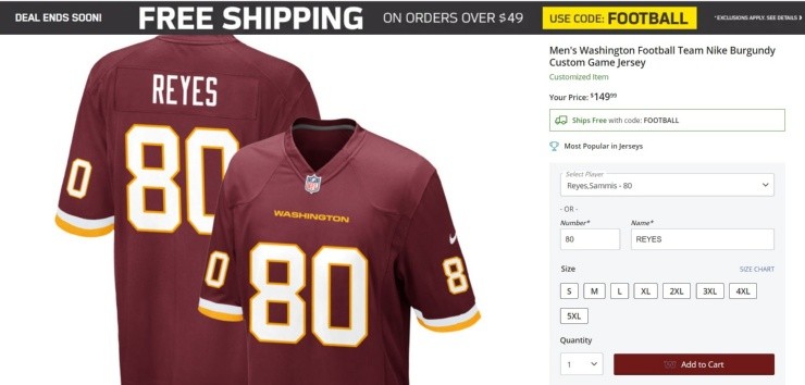 La camiseta 80 de Sammis Reyes ya está a la venta en el sitio NFL Shop.