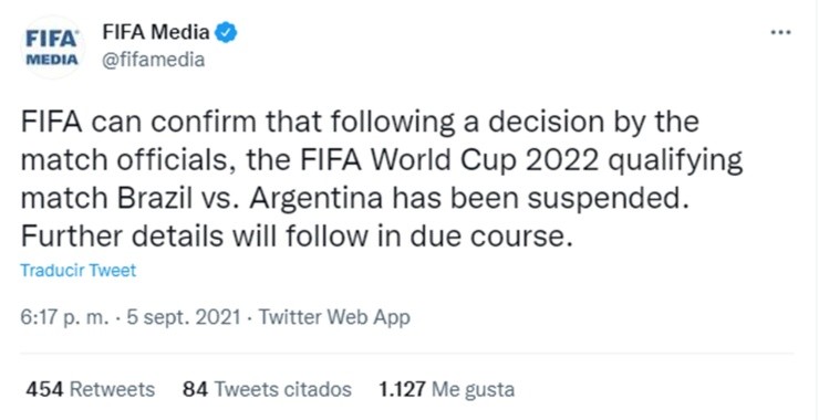 FIFA refrendó la suspensión del partido entre Brasil y Argentina