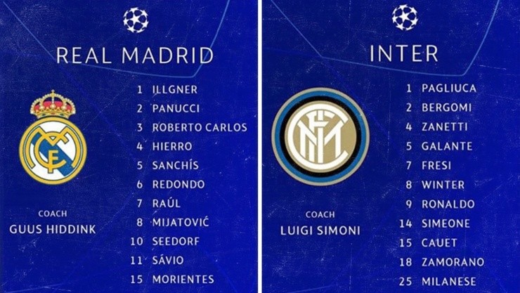 Las formaciones del choque entre Inter y Real Madrid por Champions League en 1998