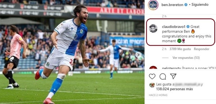 Claudio Bravo felicitó a Ben Brereton por hattrick en Inglaterra