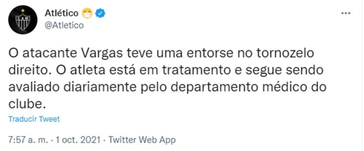 Parte médico de Atlético Mineiro para Eduardo Vargas