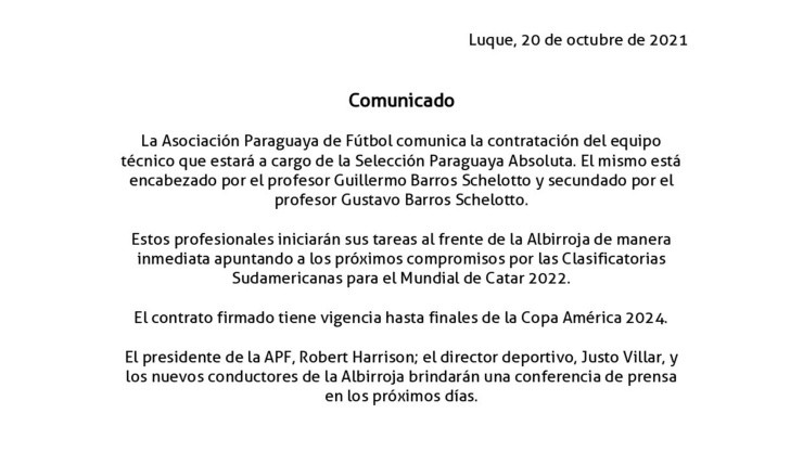 Comunicado de la contratación de Guillermo Barros Schelotto como nuevo seleccionador paraguayo