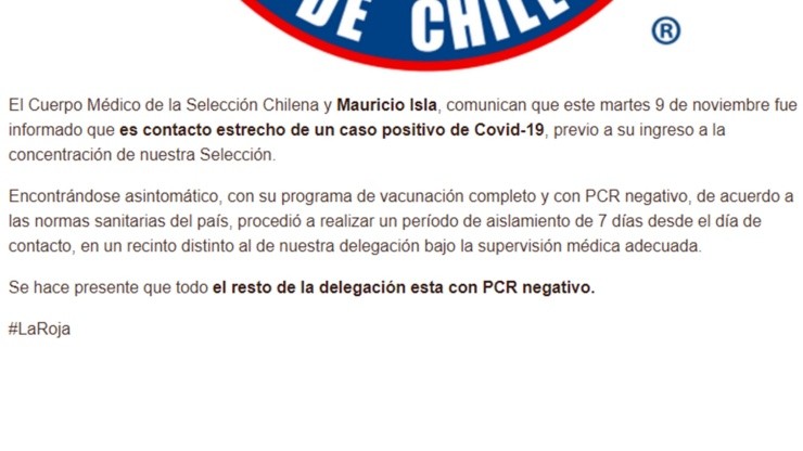 Parte médico de la selección chilena que confirma la baja de Mauricio Isla