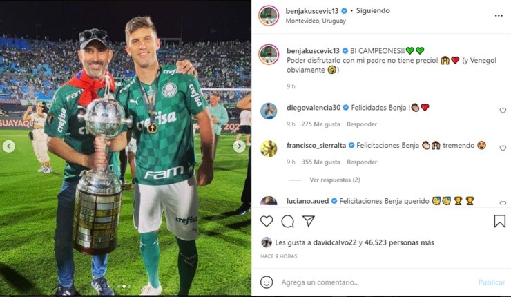 Benjamín Kuscevic festejó en la cancha junto a su padre, tras convertirse en el primer chileno bicampeón de Copa Libertadores de América