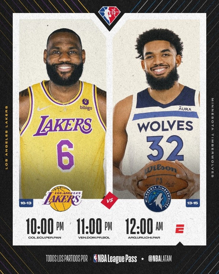 Los Lakers visitarán a Minnesota Timberwolves este viernes por la NBA. (Foto: NBA Latam)