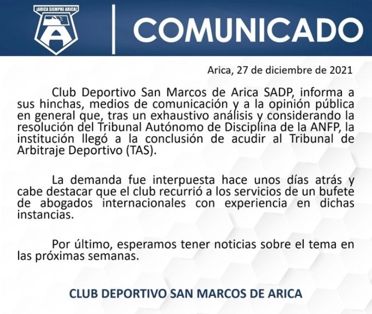 Comunicado San Marcos de Arica descenso tas primera B anfp