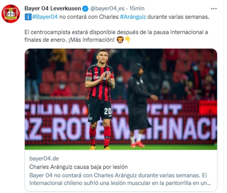 Bayer Leverkusen notificó este domingo la baja de Charles Aránguiz por todo enero